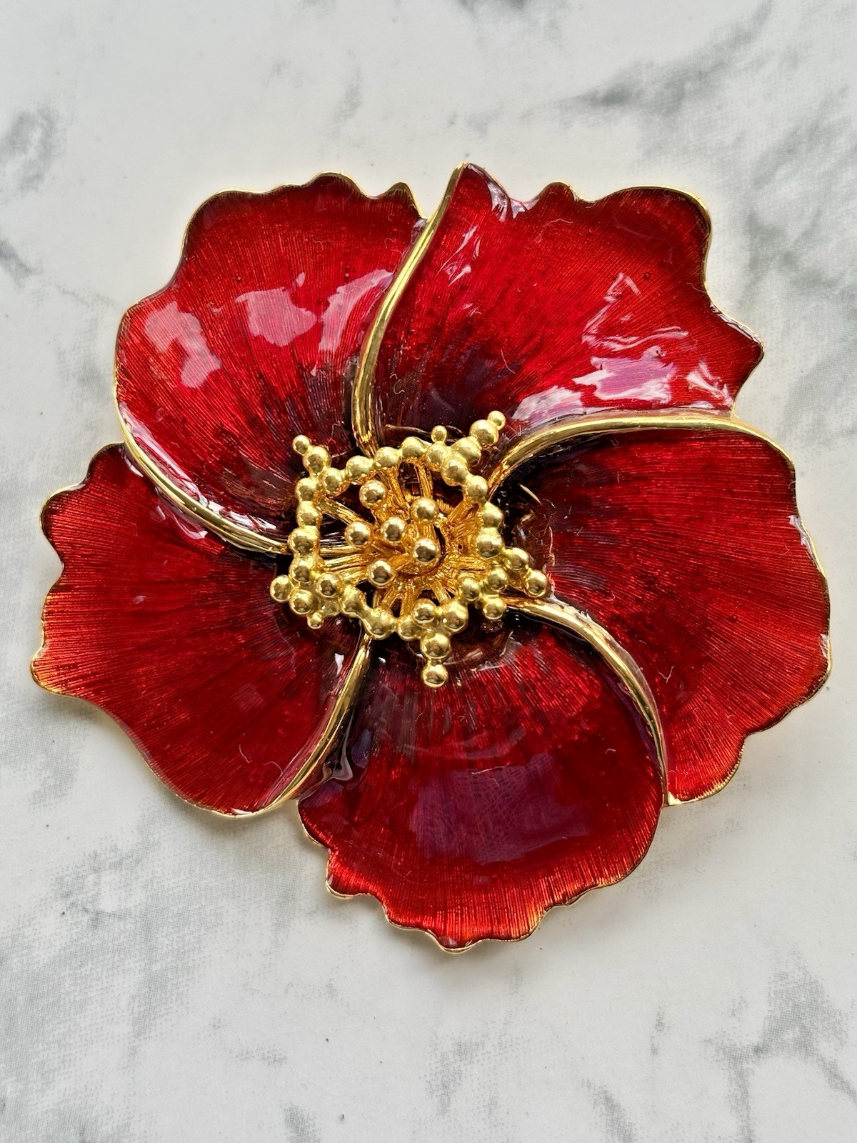 Vintage Alana Stewart Red Enamel Gold Tone Poppy Flower 3″ Brooch Pin/ Pendant