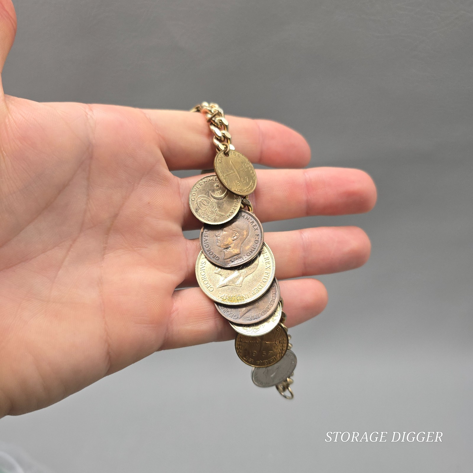 Vintage World Coins Charm Bracelet, Gold Tone Curb Link Chain, Fold Over Closure