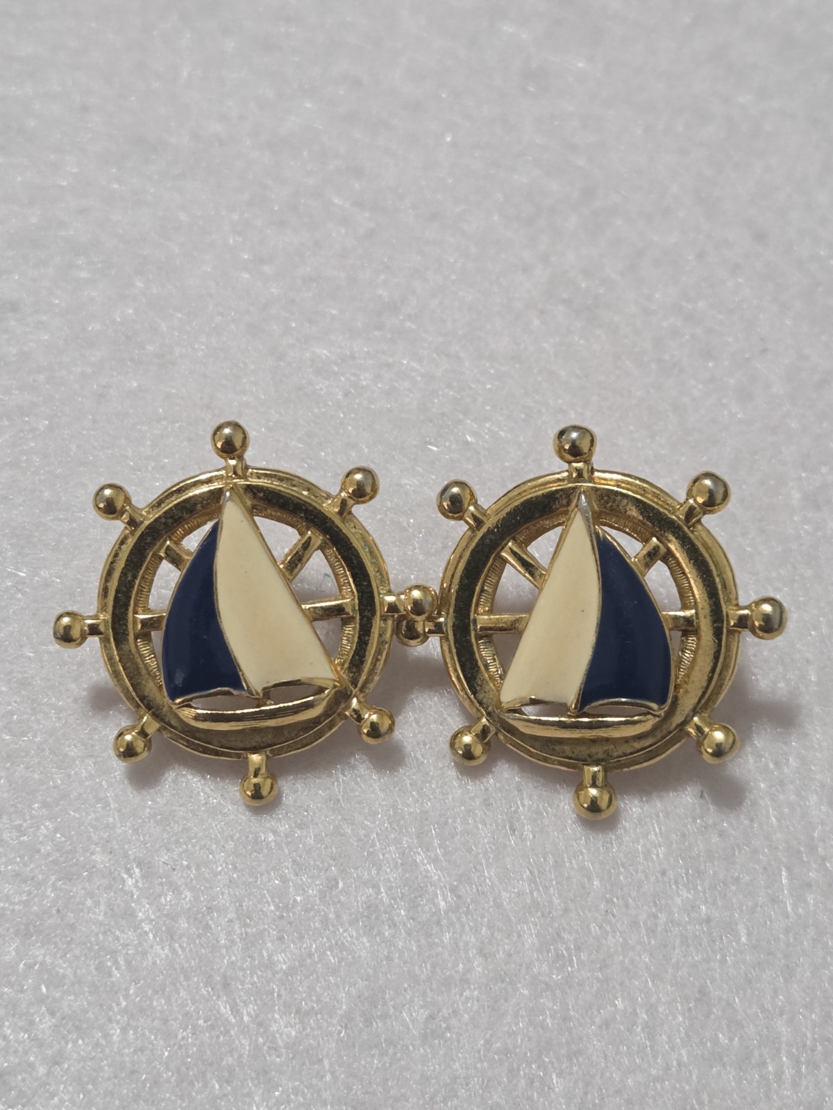 Vintage Avon Nautical Sailboat Earrings | Enamel Ship Wheel Studs