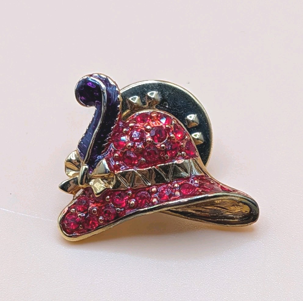 Vintage Red Hat Society Purple Enamel Red Rhinestone Accents Brooch Lapel Pin