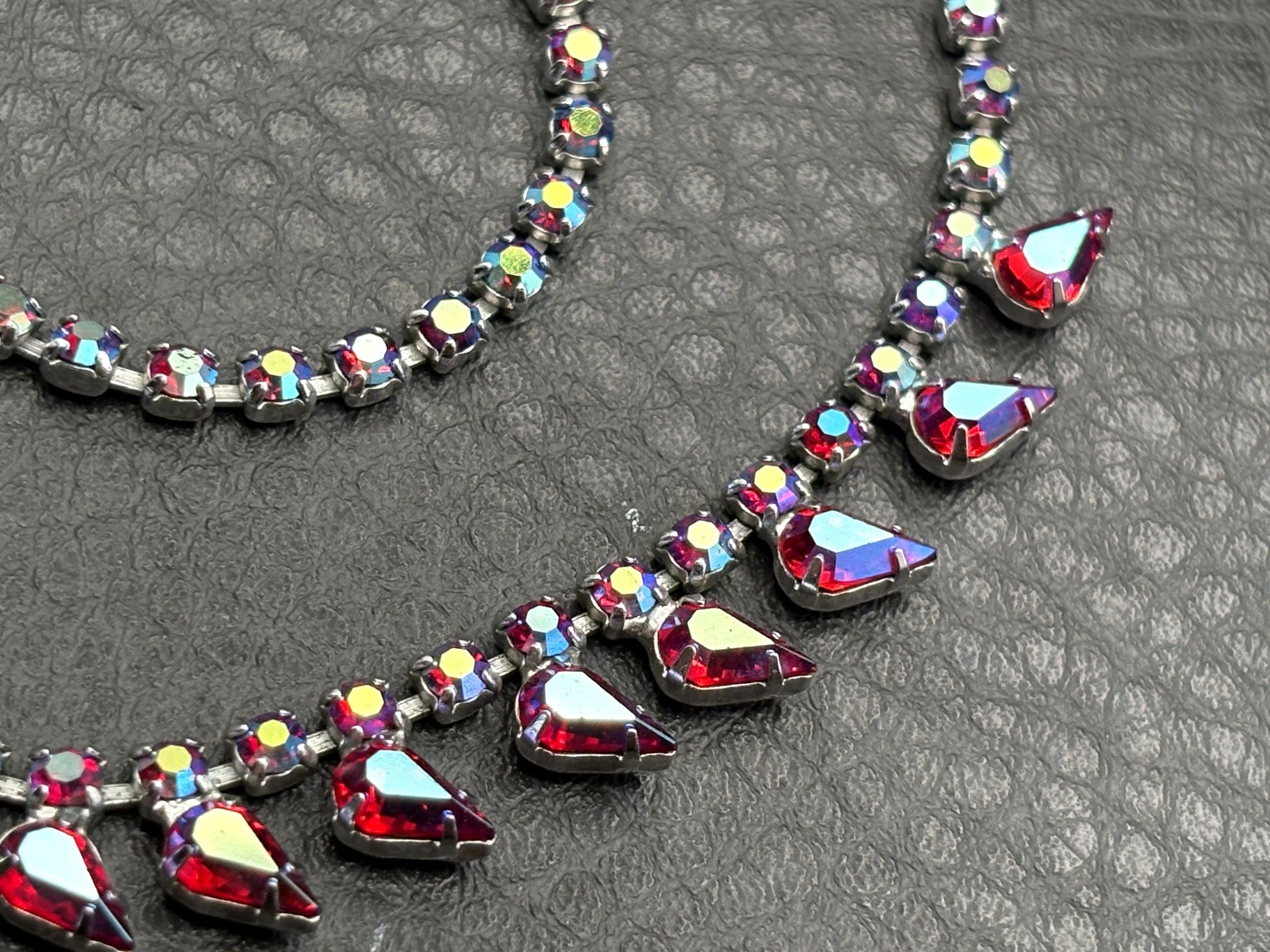 Vintage B. David Aurora Borealis Red AB Crystal Rhinestone Necklace 18”