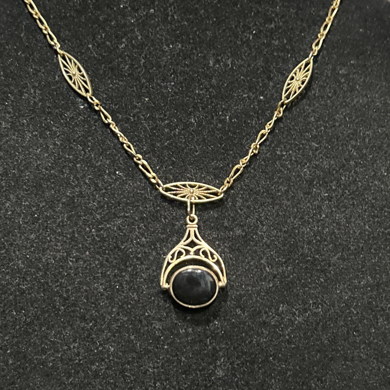 Vintage Birmingham 9ct 375 Gold Fob Onyx Bloodstone Spinner GF French Necklace