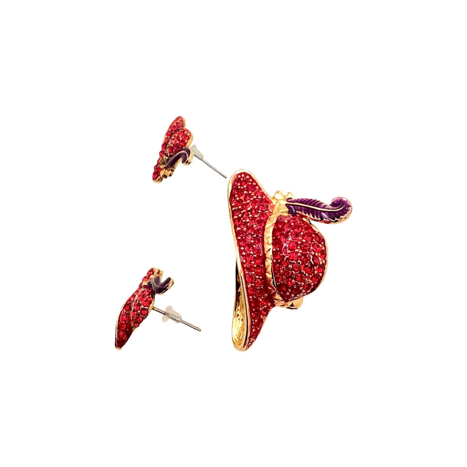 Vintage Red Hat Society Jewelry Set Brooch Earrings Pave Rhinestones Enamel 80s