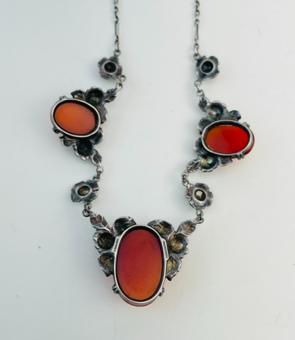 Art Deco Wachenheimer Sterling Silver Carnelian Festoon Choker Pendant Necklace