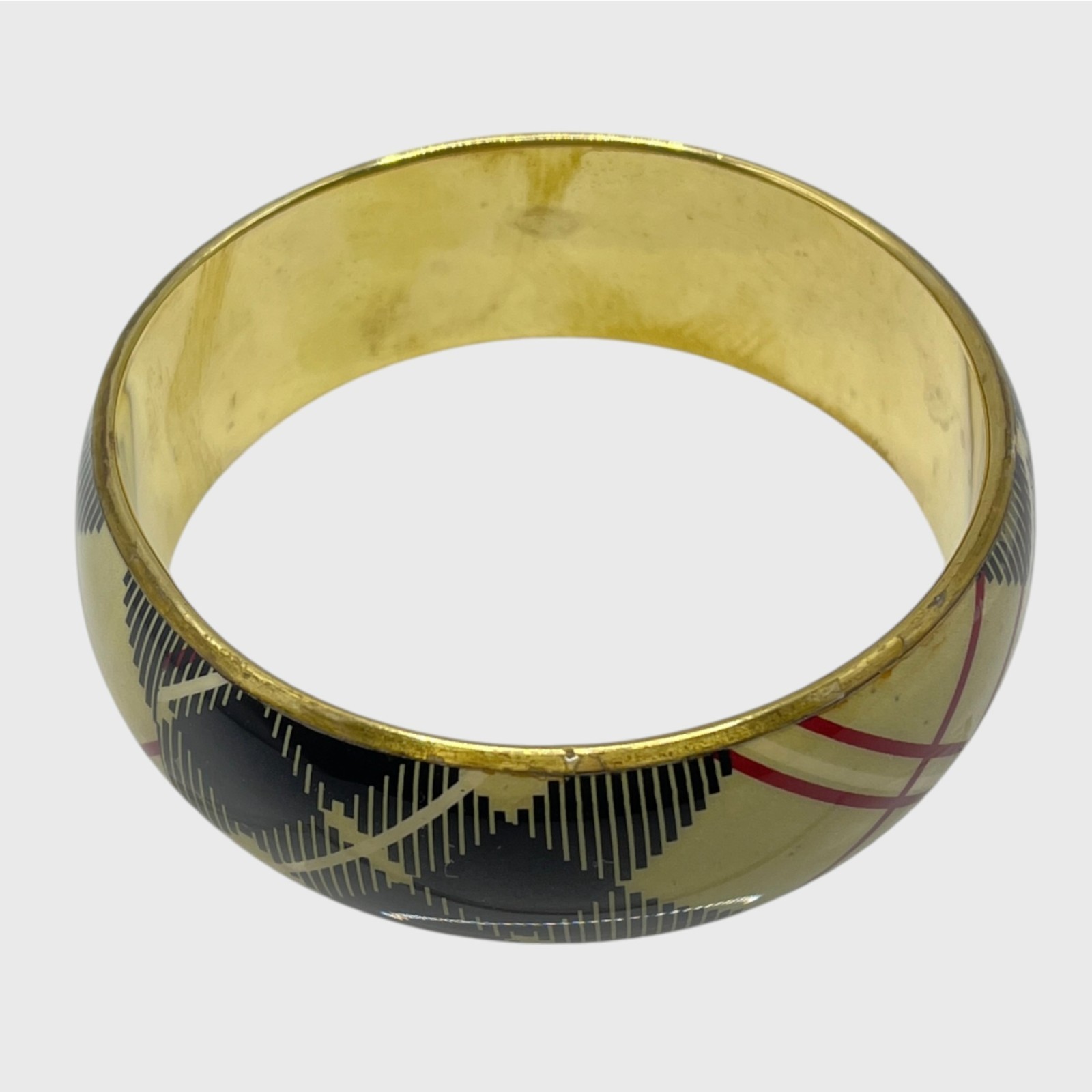 VTG Brass Bracelet Bangle Plaid Resin Metal Gold Tone Wide Chunky Prep Jewelry