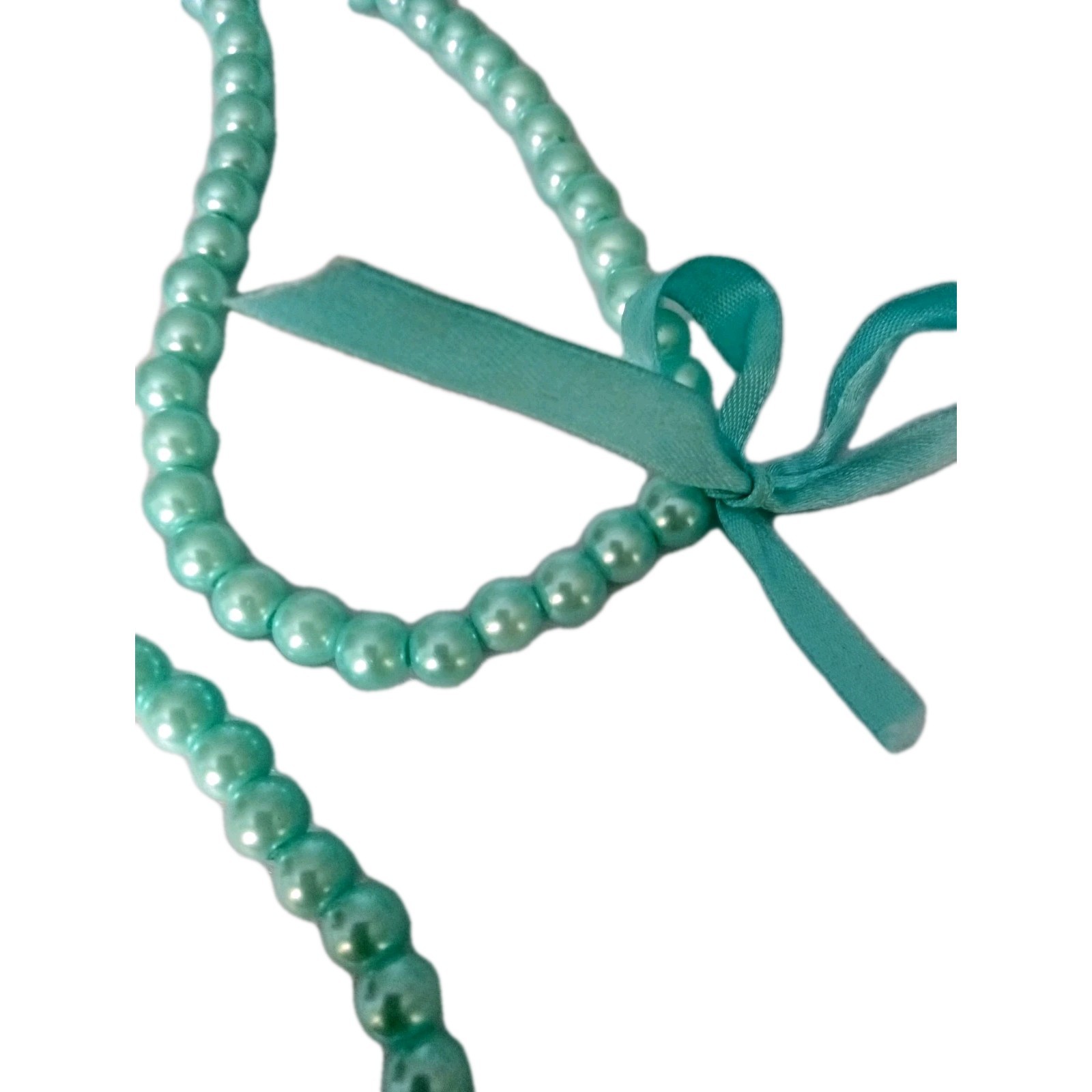Vintage Faux Pearl Aqua Necklace Ribbon for Bow 30 in No Clasp