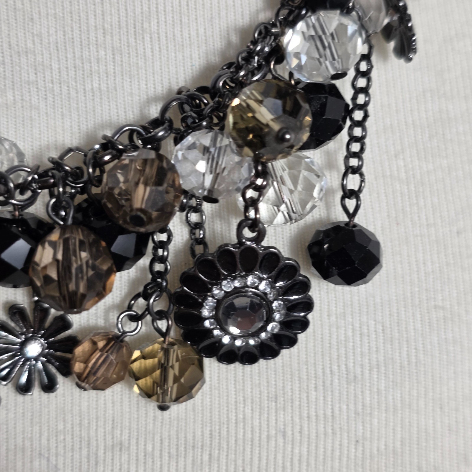 Metallic Black Charm Necklace Floral Pendants with Gray White & Black Beads