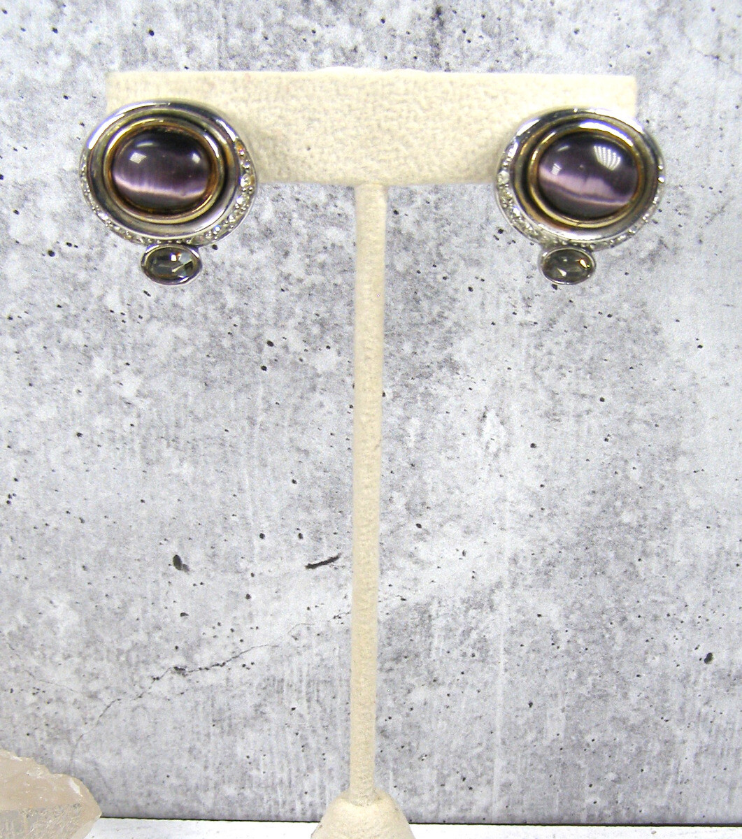Vintage MX Silver Gold Tone Purple Cat Tigers Eye Piereced Earrings Rhinestone