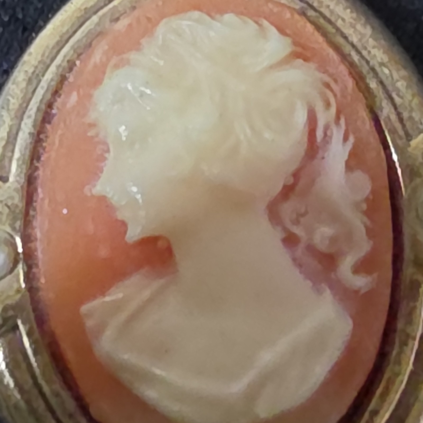 Oval Cameo Portrait Pendant Necklace, Gold Tone Setting, Orange & Cream