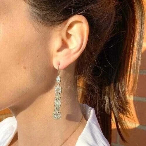 5.3Ct Art Deco Style Lab Diamond Birthday Drop Dangle 14k White Gold Earring Set