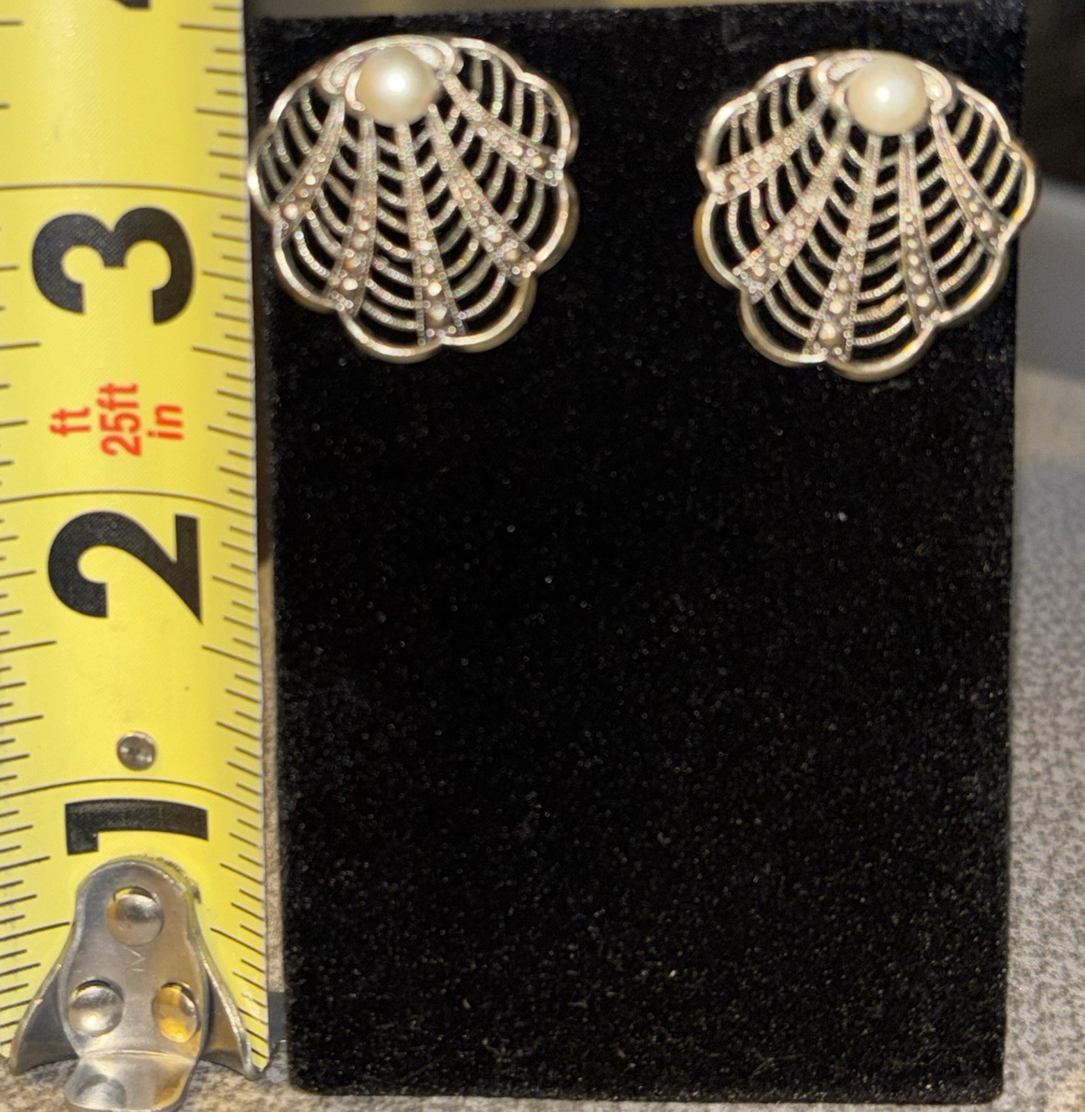 Vintage Shell Silver Tone filigree & marcasite stones & a faux pearl Earrings