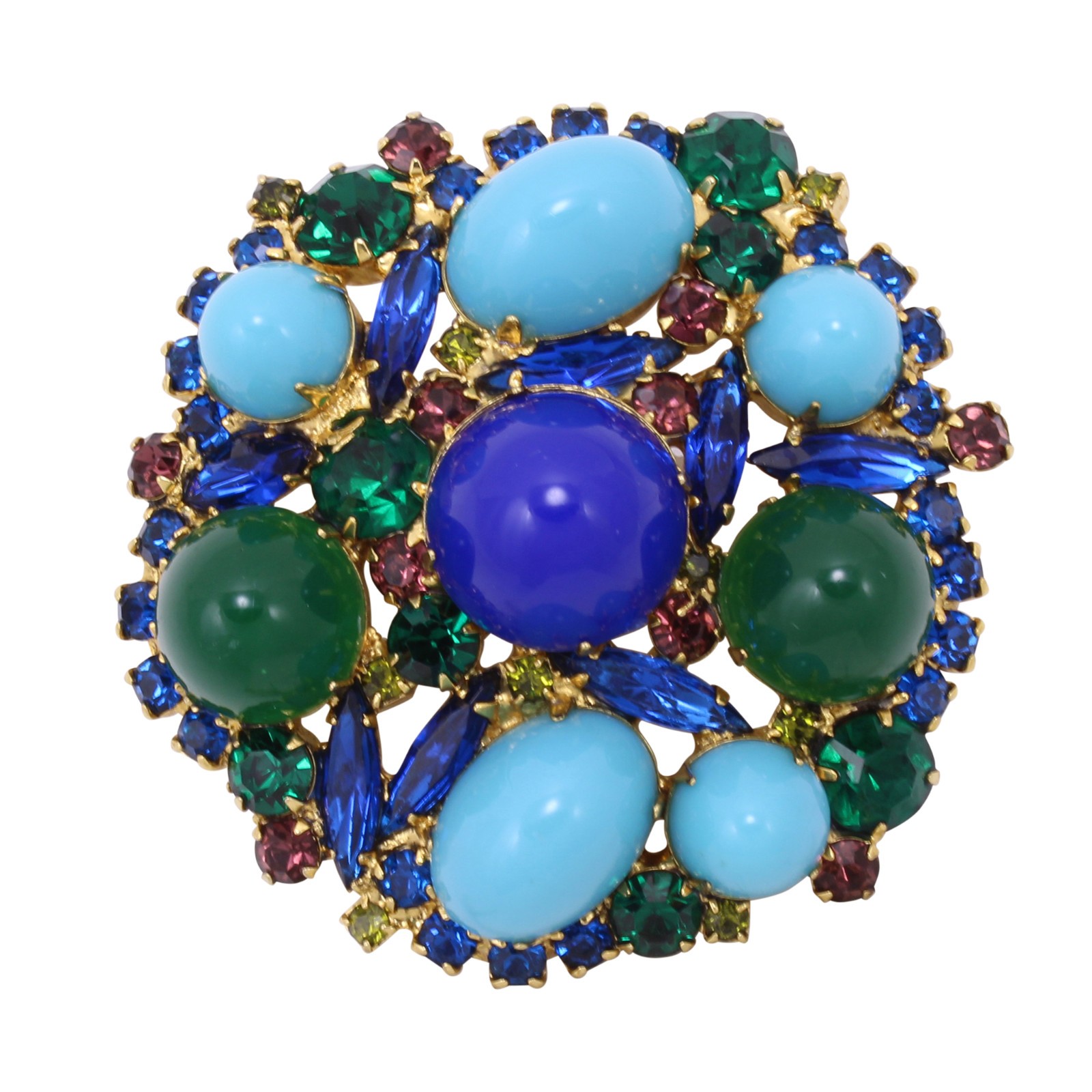Juliana DeLizza & Elster Blue and Green Cabochon Rhinestone Pin/Brooch