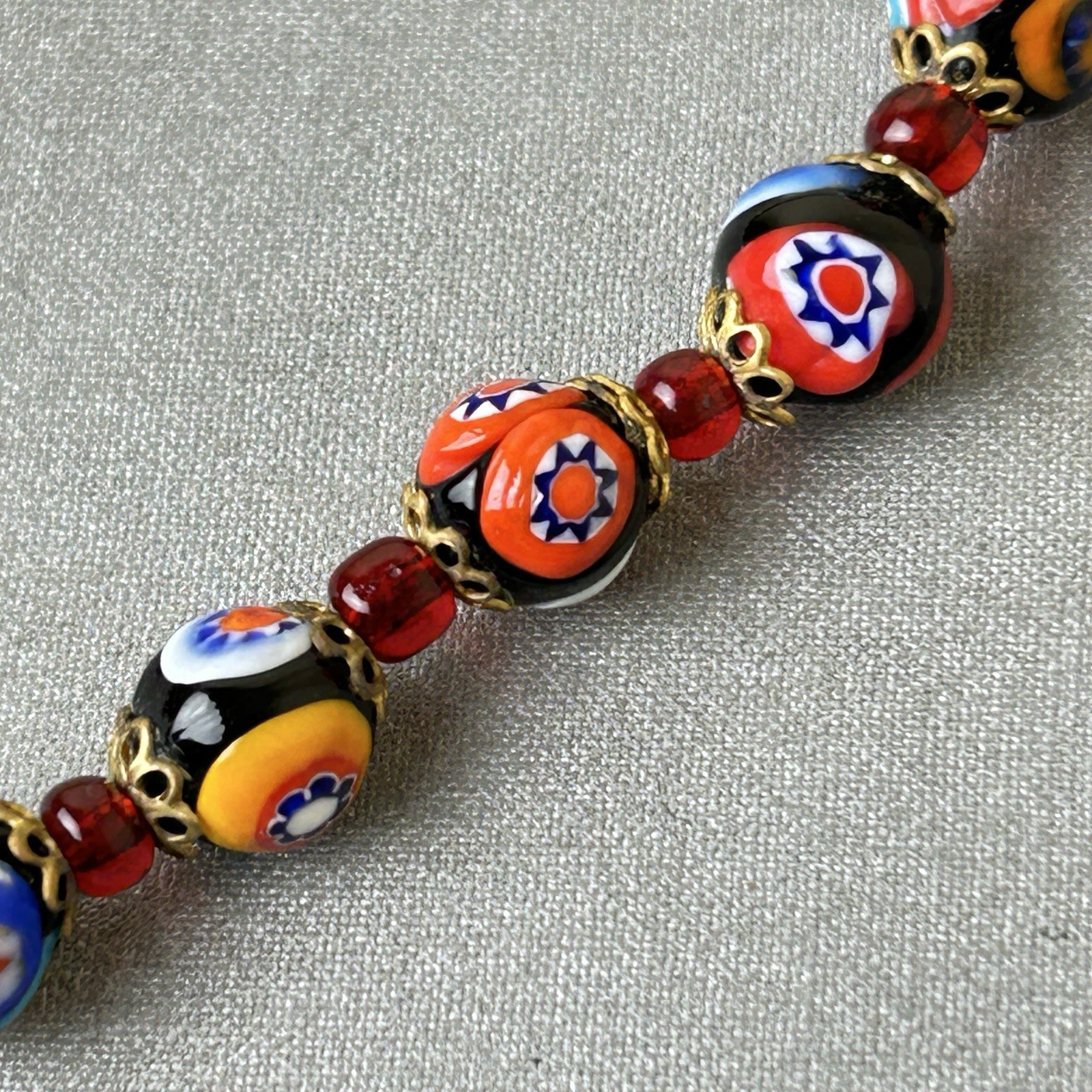 Millefiori Murano Venetian Glass Bead Necklace Italy Barrel 9 mm 17.5″ Long VTG