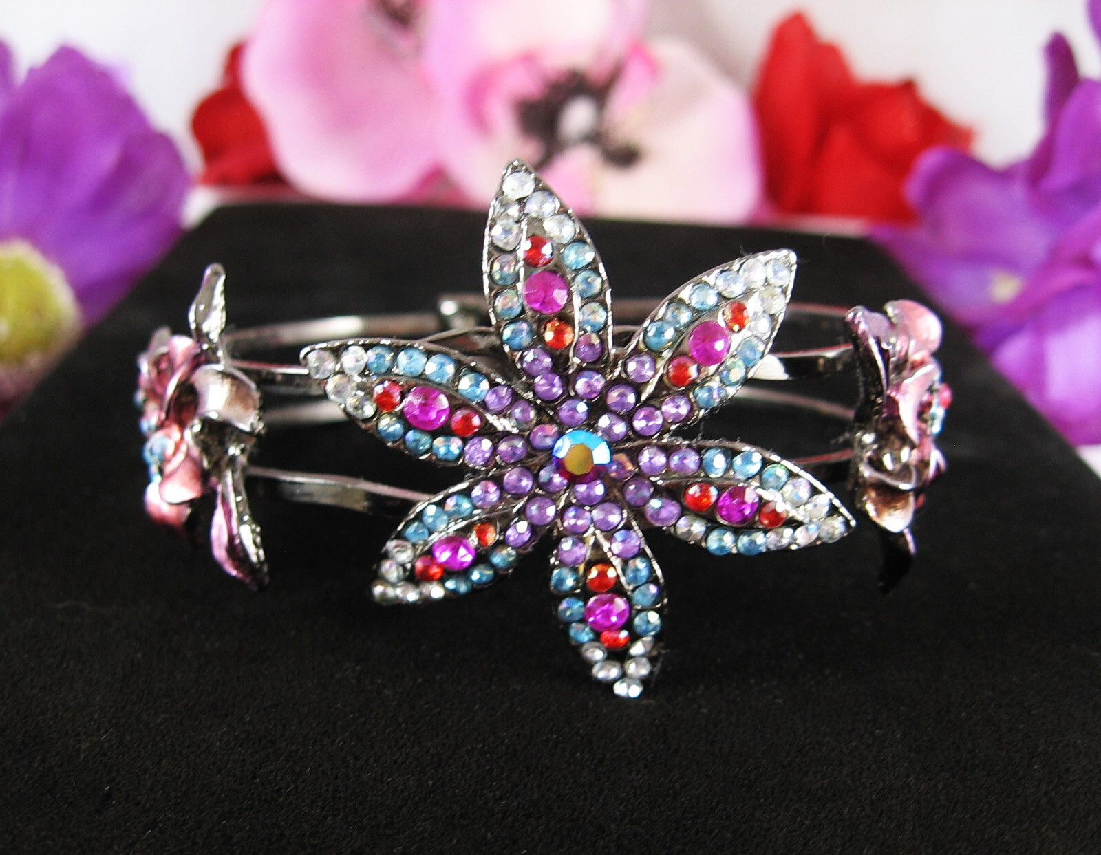 Color RHINESTONE CLAMPER BRACELET Vintage Flowers Pink Purple Gunmetal Gray