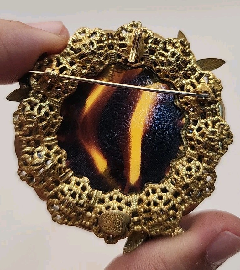 VTG Original By Robert Rare Huge Amber & Black Rhinestone Glass Brooch 2.5″