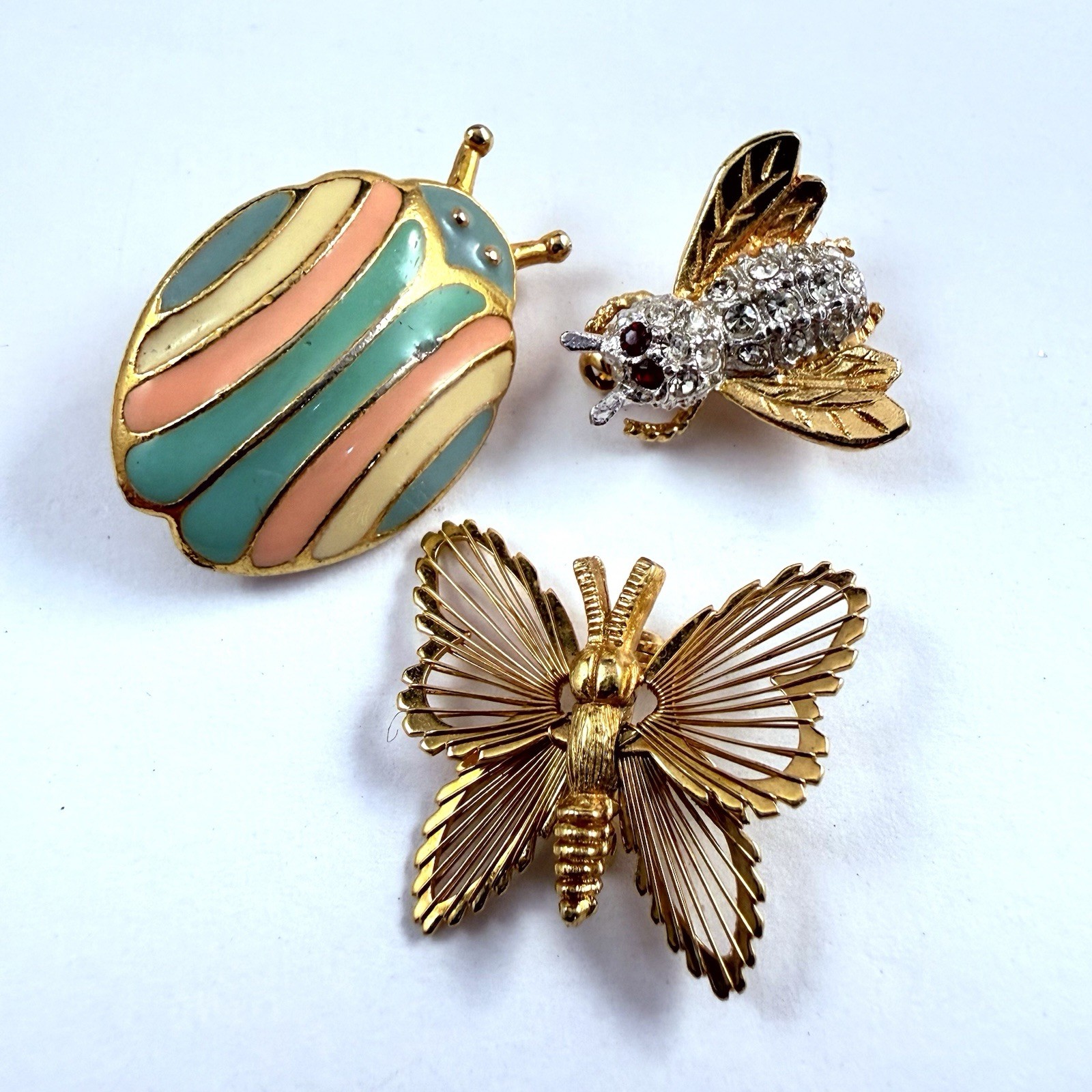 VTG Lot of 3 Pins Enameled Lady Bug Rhinestone Bee & Monet Butterfly Gold Tone