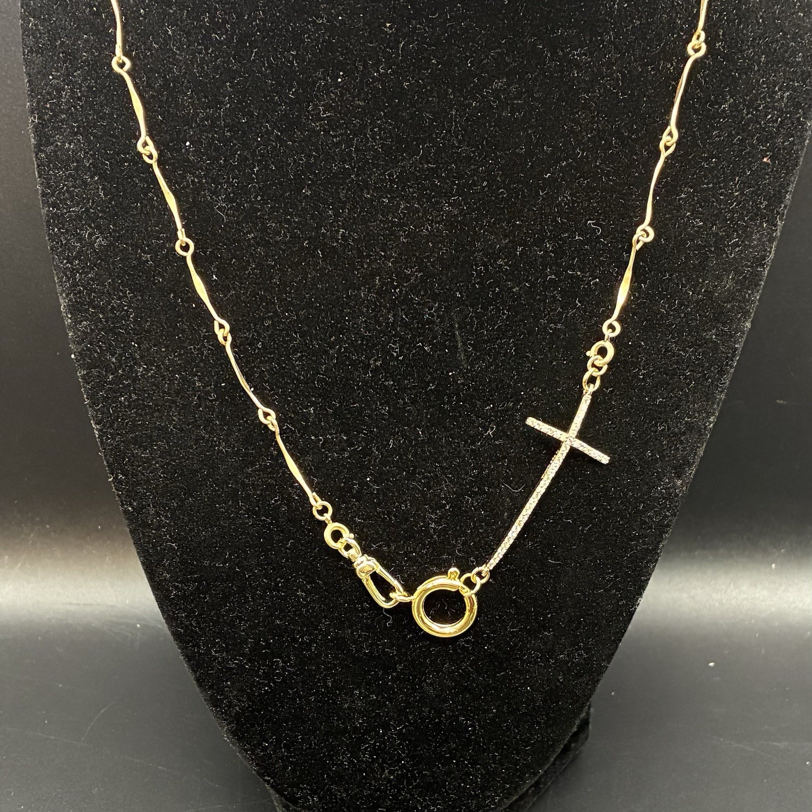 Vintage 12k Gold Filled Pocket Watch Chain FOB, Dog Clip, Cross & Pearl Charms
