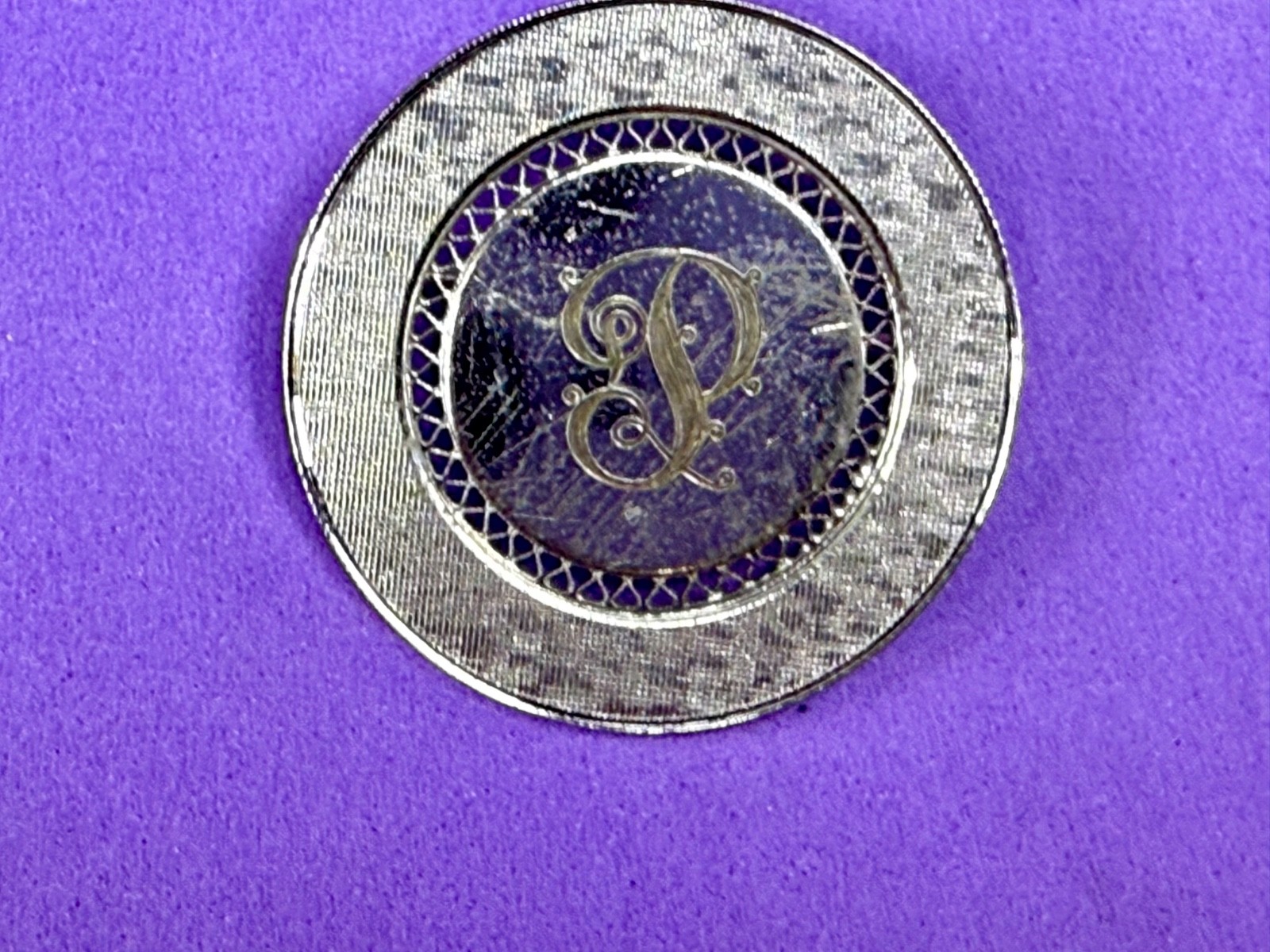 Initial Letter P ? Calligraphy On Vintage Sterling Silver Round Disc Brooch