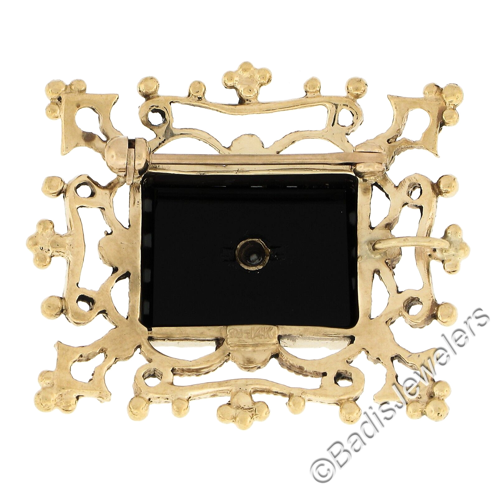 Vintage Gold Black Onyx & Opal Twisted Wire Open Work Pin Brooch Pendant