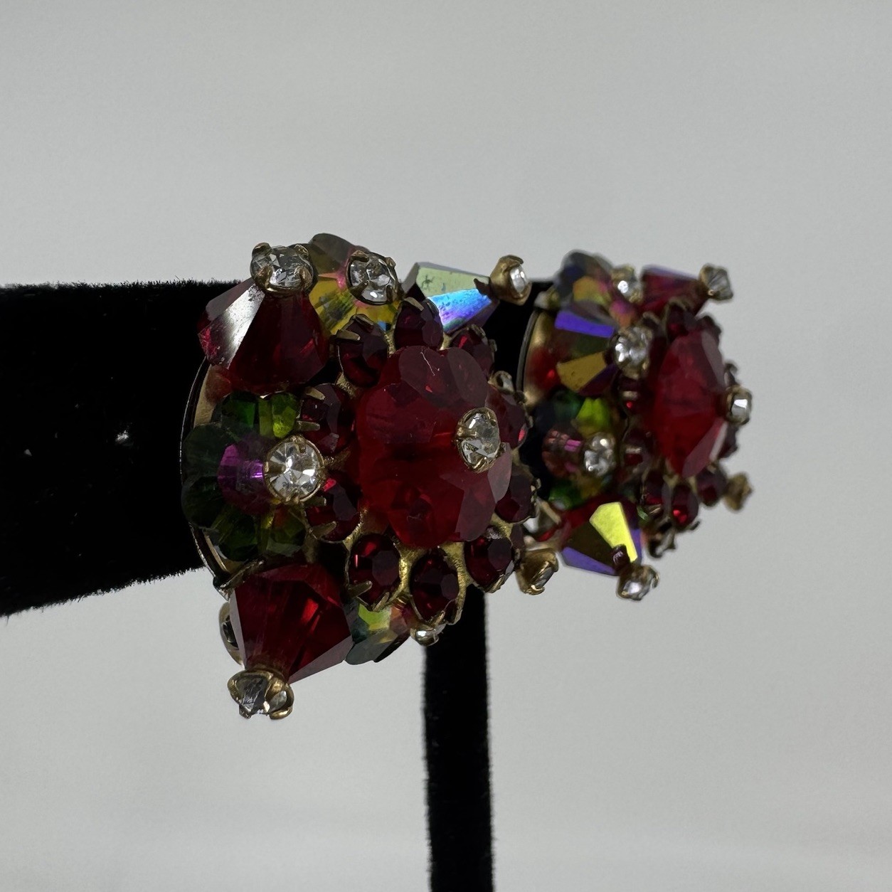 Vintage AB Red & Watermelon Rhinestone & Crystal Beaded Clip On Earrings