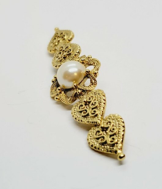 Victorian Faux Pearl Scrolled Hearts Floral Bar Brooch Gold Tone Vintage