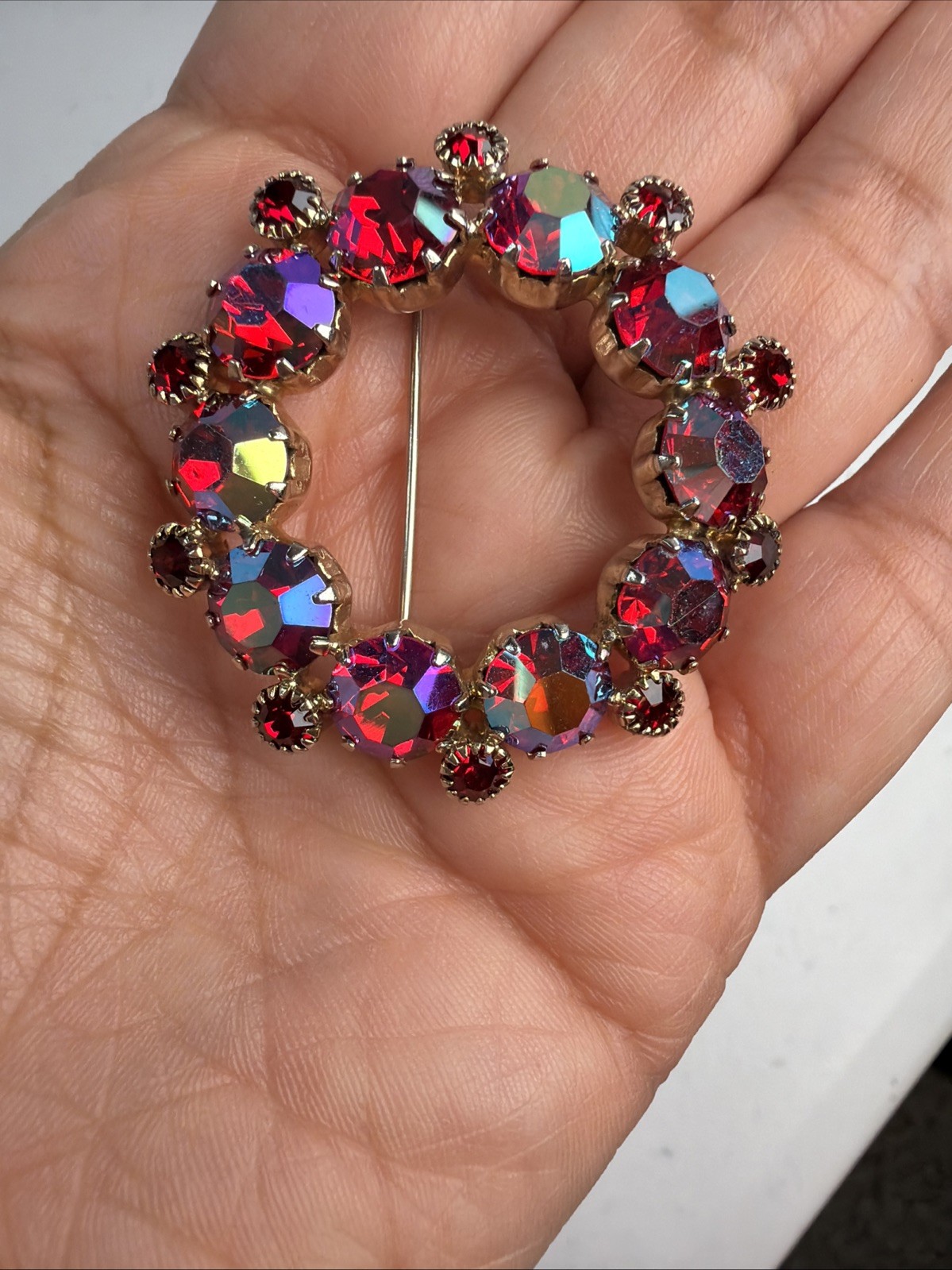 Lot Of 2 Signed Weiss Rhinestone Wreath Brooches AB Red And Smoke Topaz Vintage