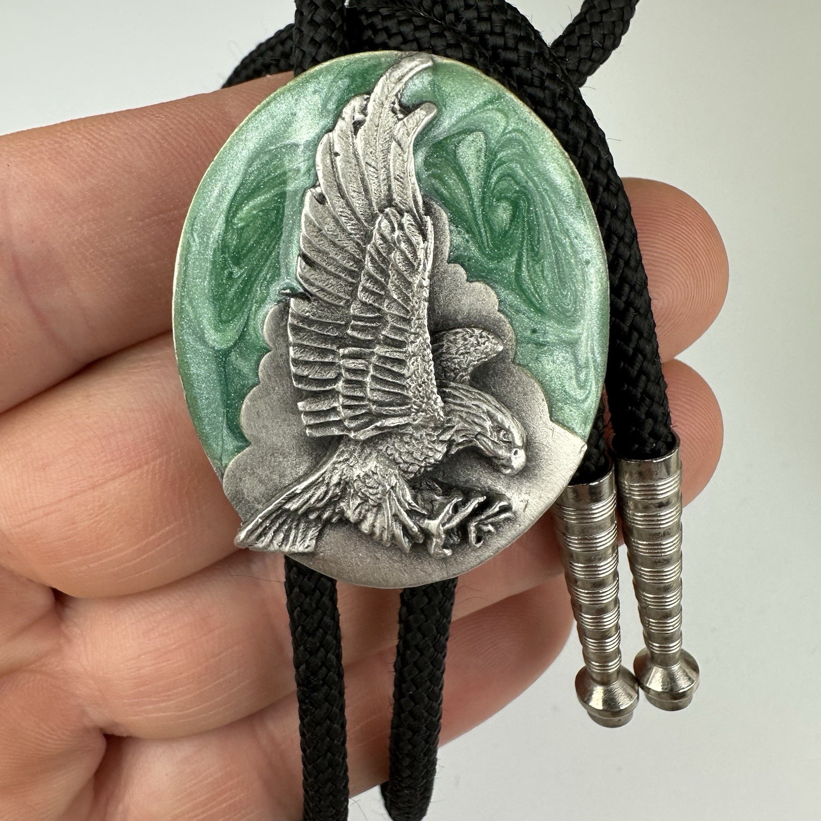 Vintage 80s Siskiyou Silver Pewter Enamel -Soaring Eagle- Western Bole Tie