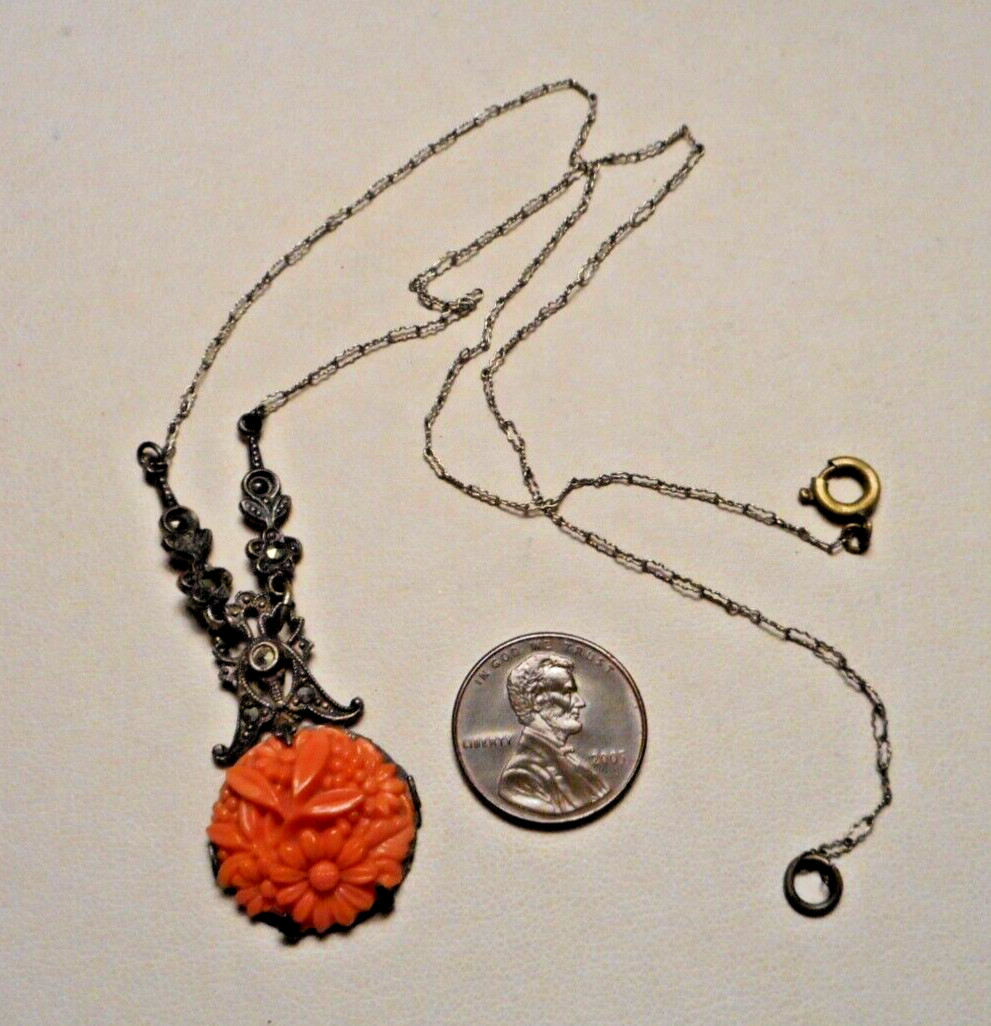 1920s Art Deco Czech? Faux Carved Coral Glass & Marcasite Pendant Necklace 16″