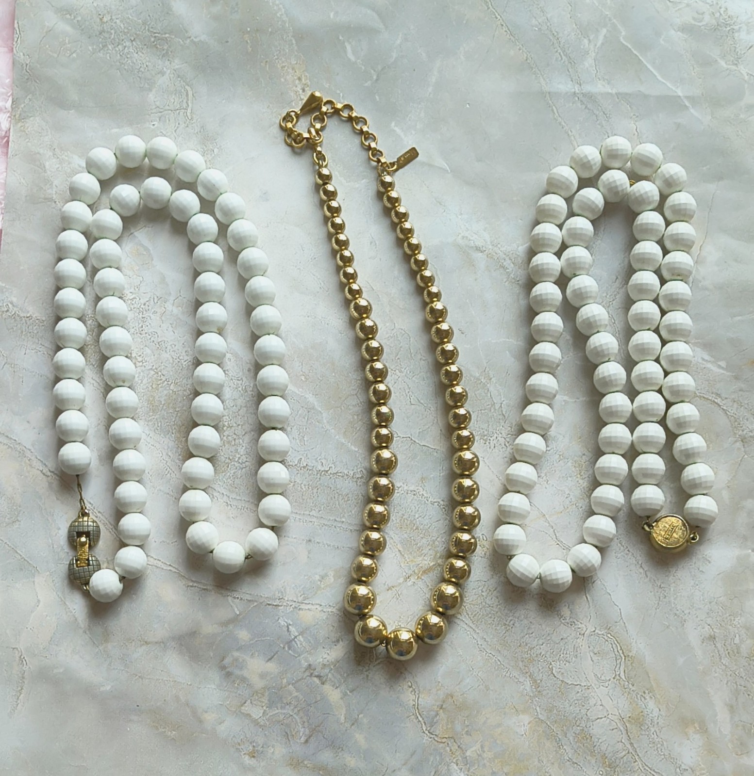 Vintage Monet White Glass Acrylic & Gold Tone Wire Strung Bead Necklace Lot