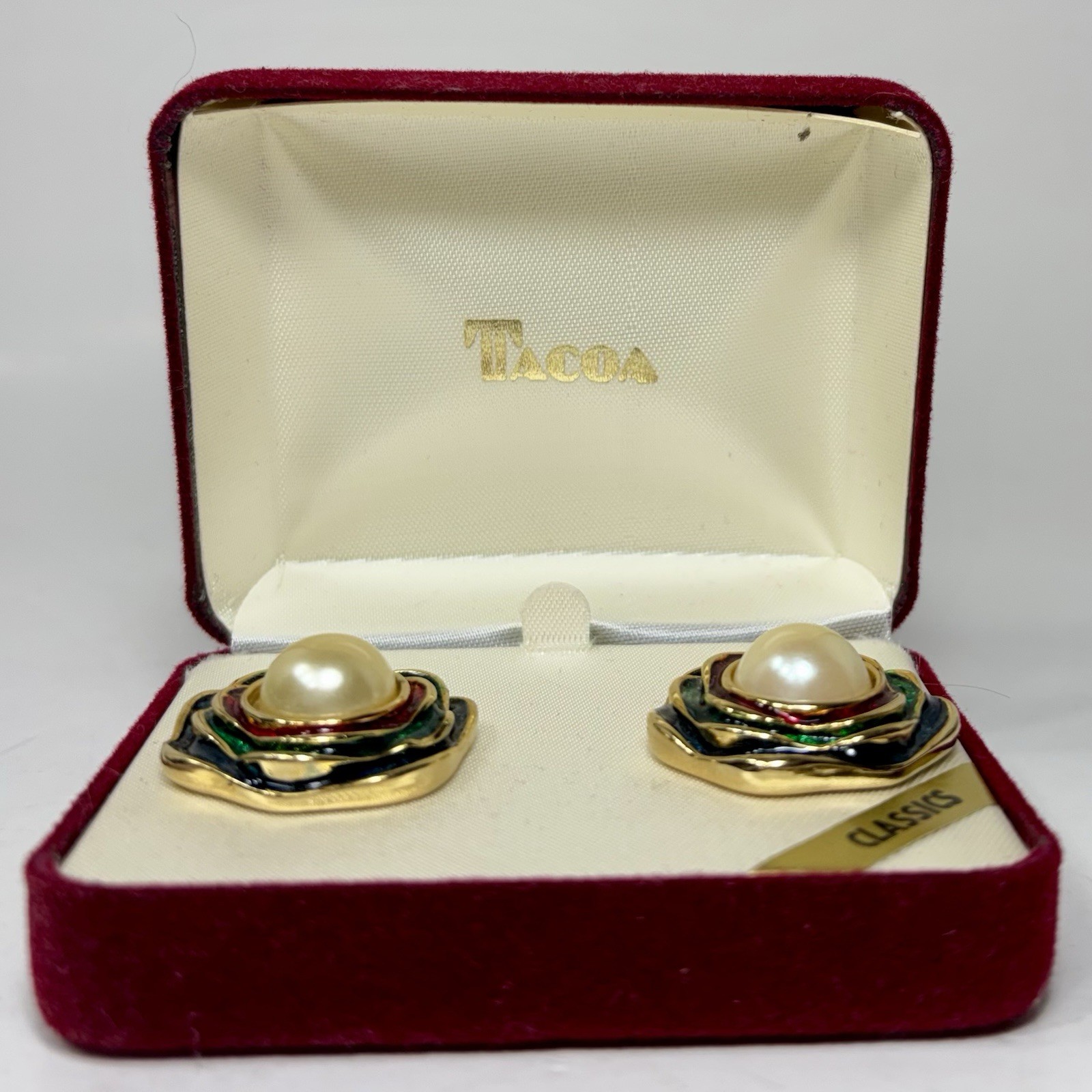 Vntg TACOA Multicolor Enamel Flower Clip-On Earrings Gold Tone Faux Pearl NOS