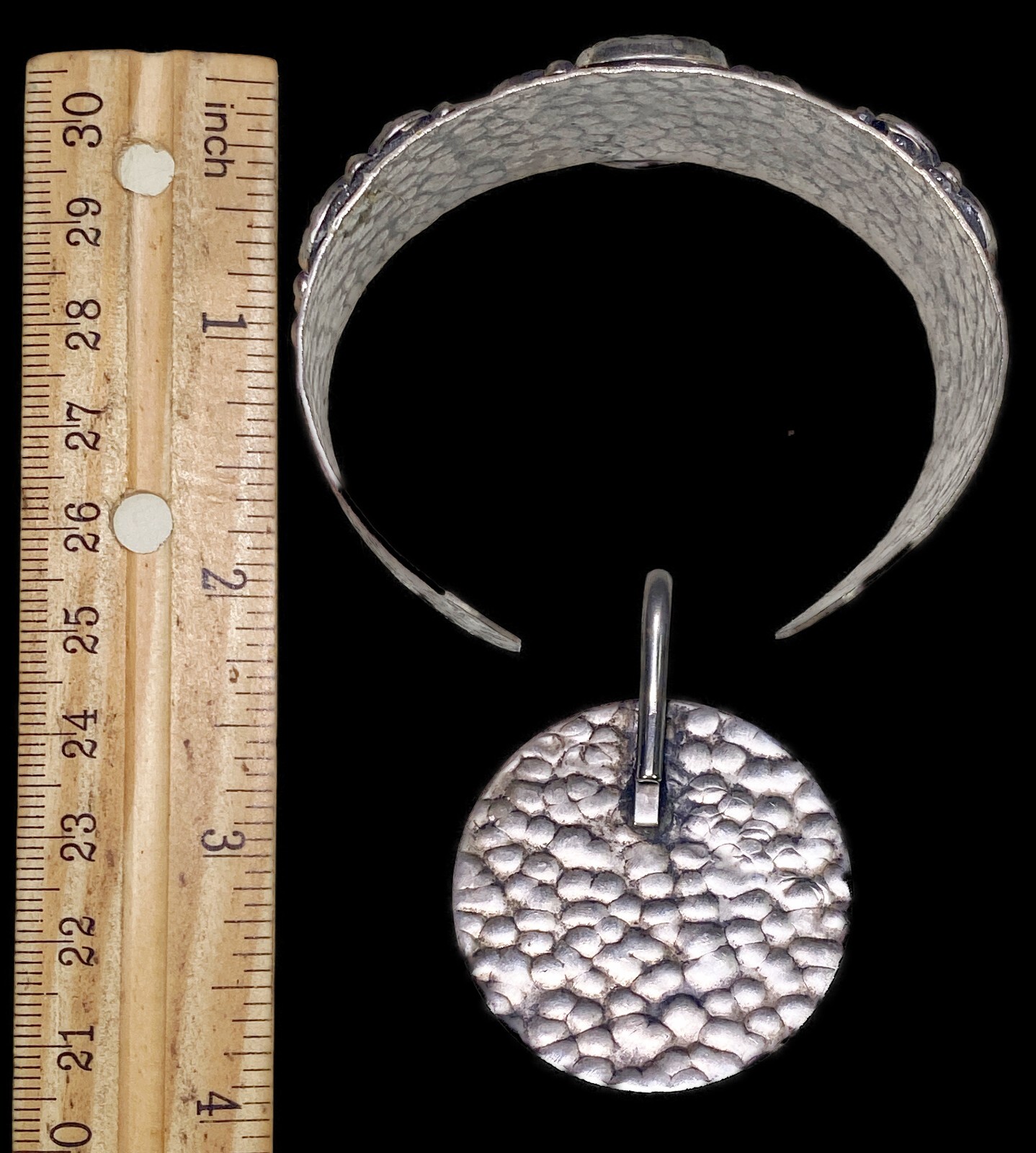 Cuff Bracelet Matching Pendant Drop Hammered Metal Silvertone Costume Jewelry