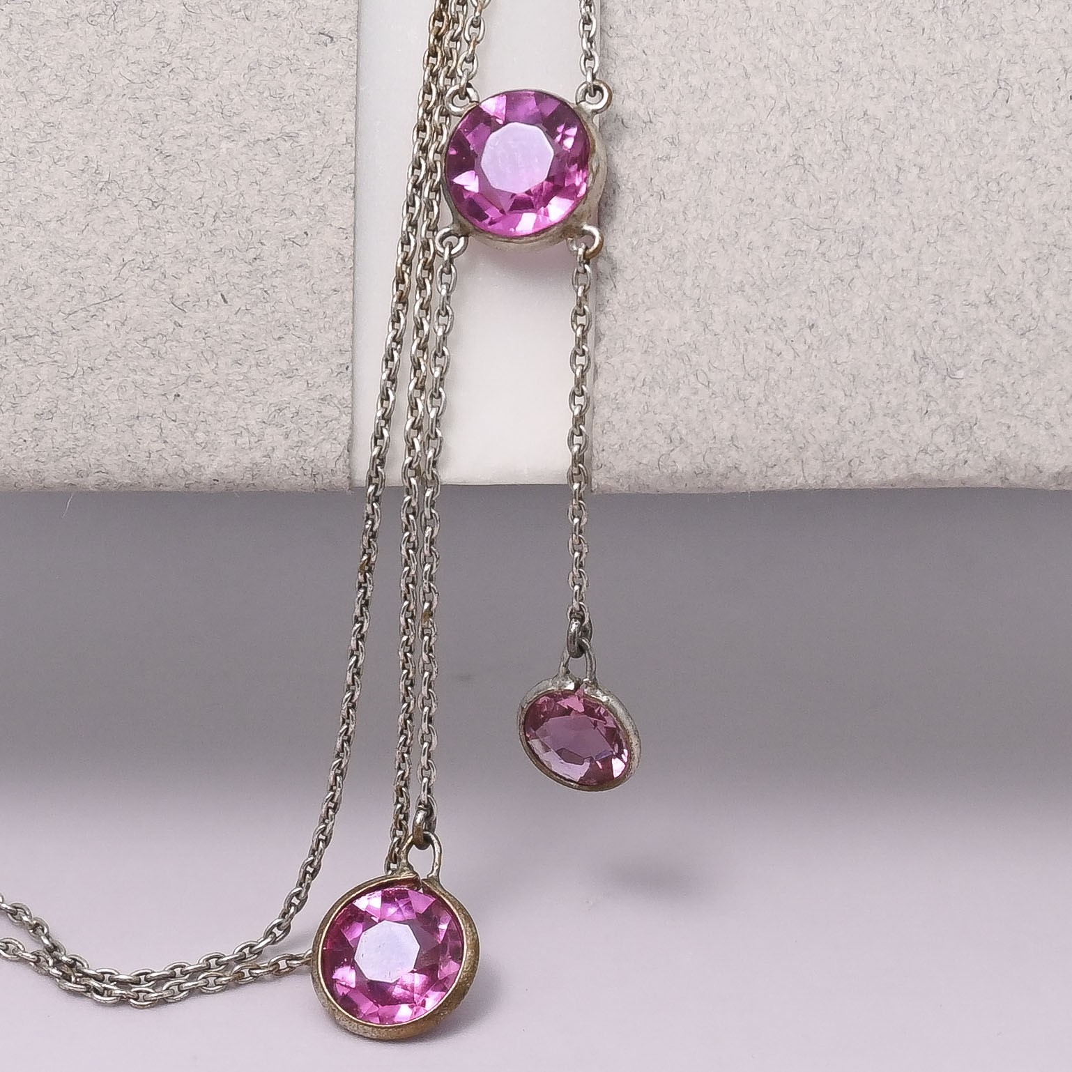 Antique 1920s PINK Art Deco Open Back Glass Bezel Set Crystal Negligee Necklace