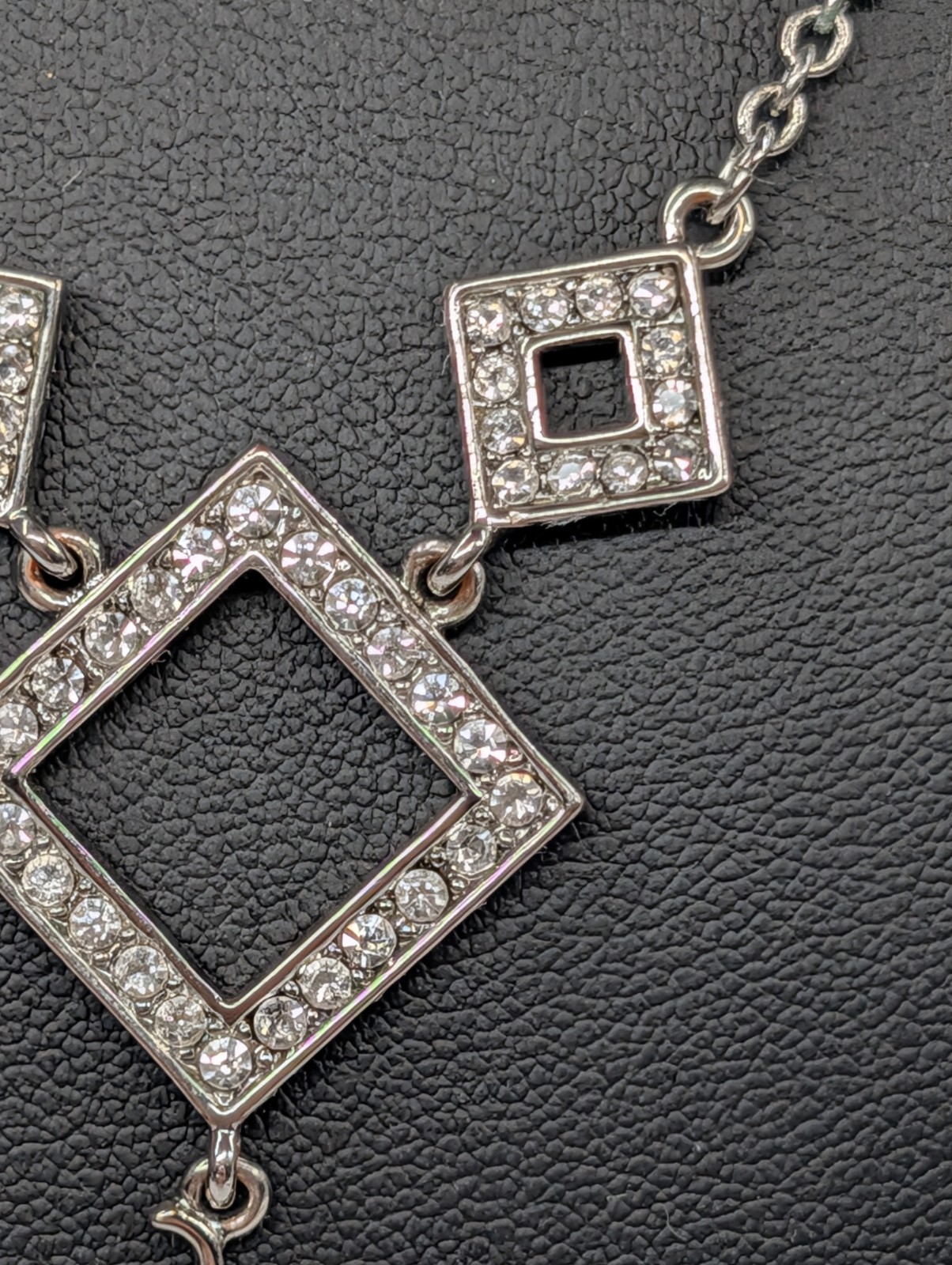 Baby Phat Signed Rhinestone Geometric Station Necklace Cat Logo Charm Silver 18″