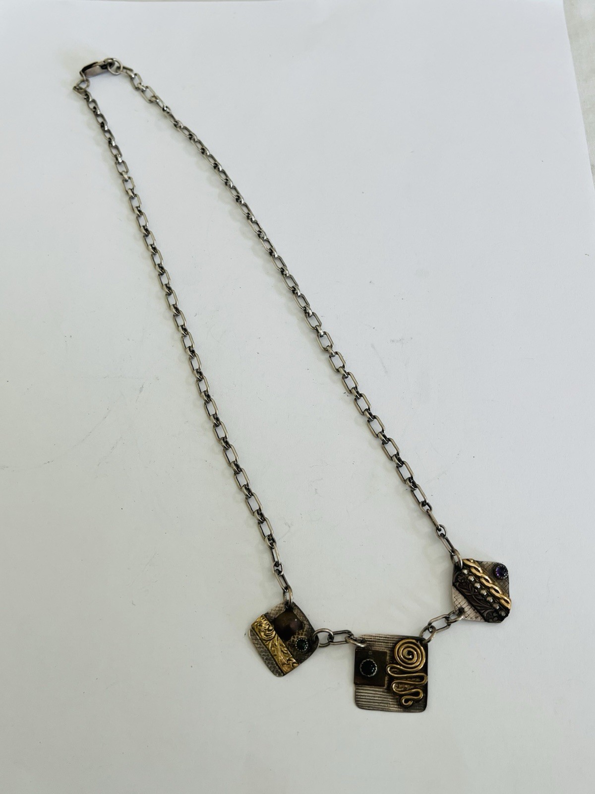 Vintage Signed MA Modernist Mixed Metal Sterling Silver Stone Link Necklace 20”