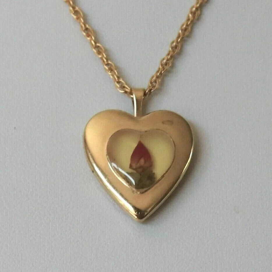 Vintage 14k Gold Filled Perpetual Real Rose bud Heart Locket Chain See Video