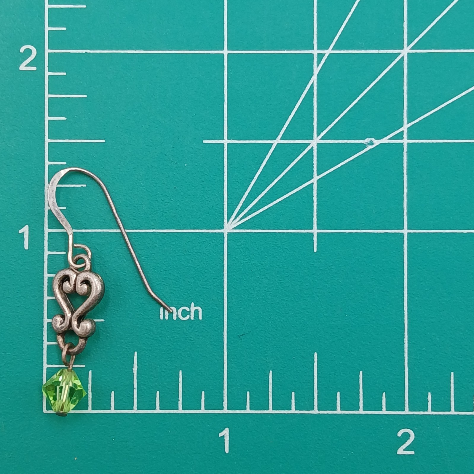 VTG 925 Green Bicone Crystal Earrings 1.25in Drop Sterling Silver Heart Scroll