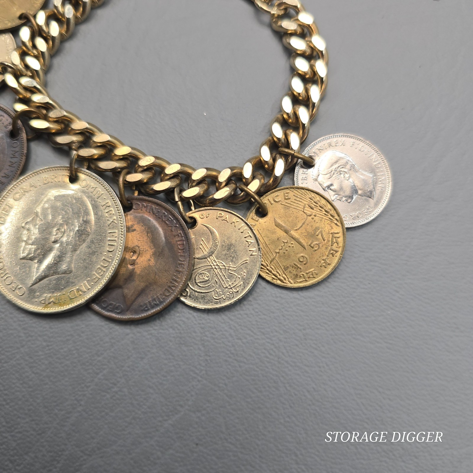 Vintage World Coins Charm Bracelet, Gold Tone Curb Link Chain, Fold Over Closure