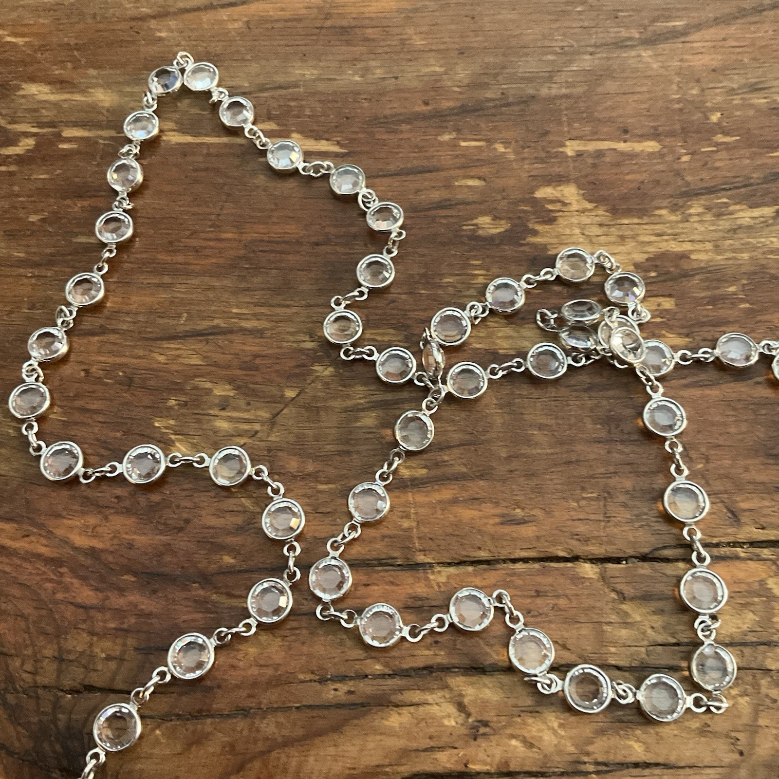 Vintage 36” Bezel Set Clear Austrian Crystal Open Back Discs Silver Tone