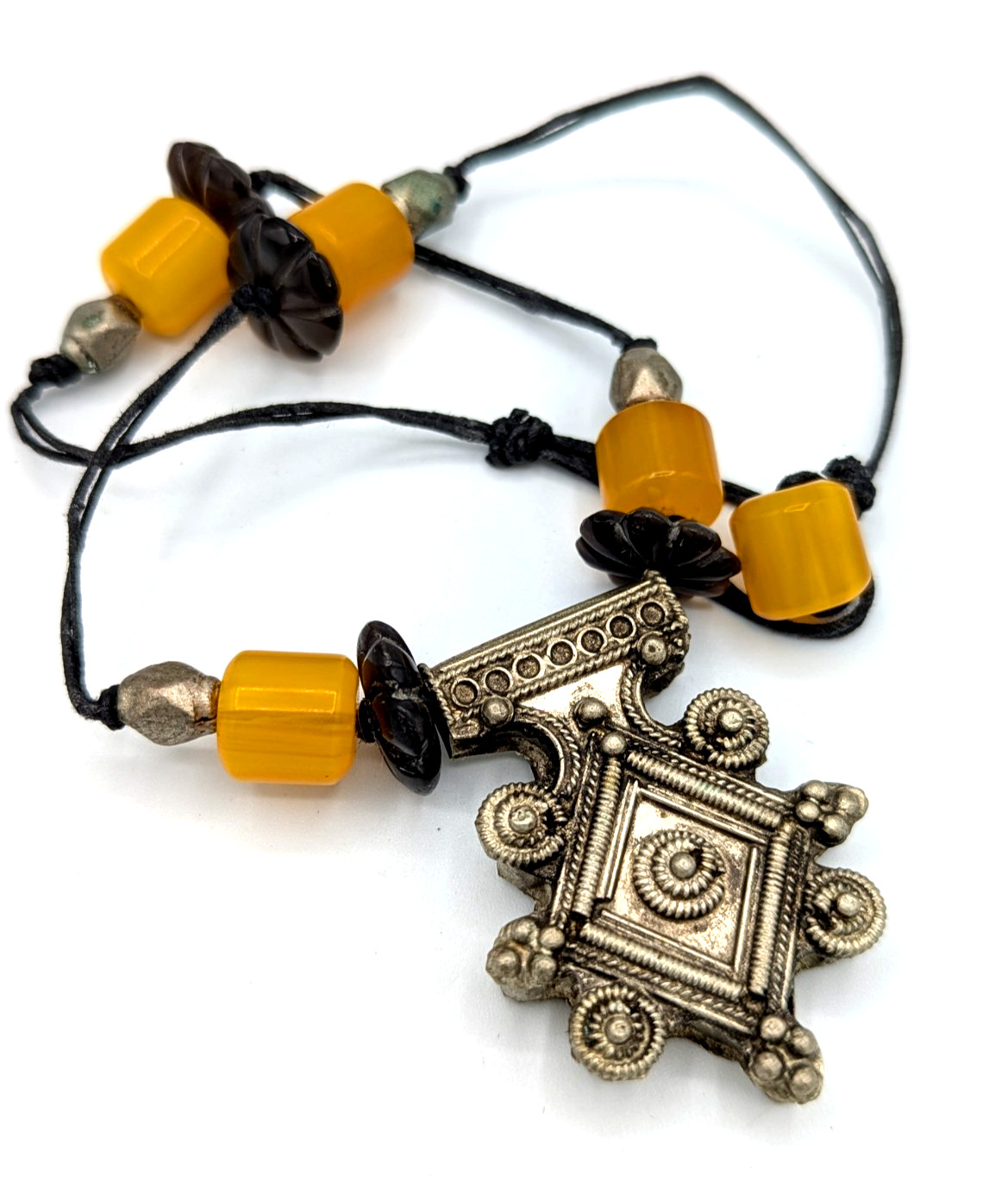 Vintage Coptic Amber Tribal Necklace Yellow Boho Moroccan Berber Amulet Pendant