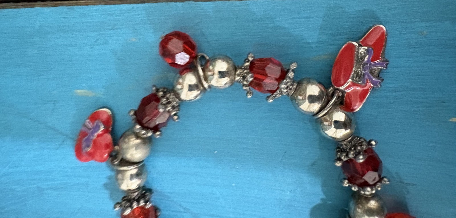 Vintage Red Hat Society Stretch Red and Silver Beaded Charm Bracelet