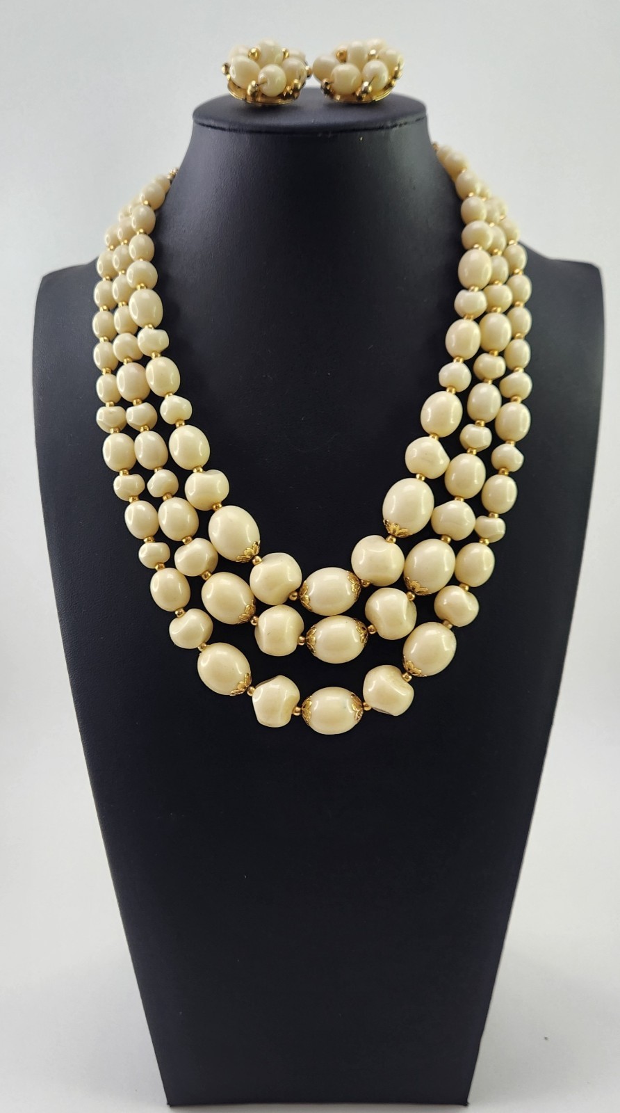 3 Strand Ivory and Gold Acrylic Bead Necklace Clip Earrings Set 1950s Hong Kong