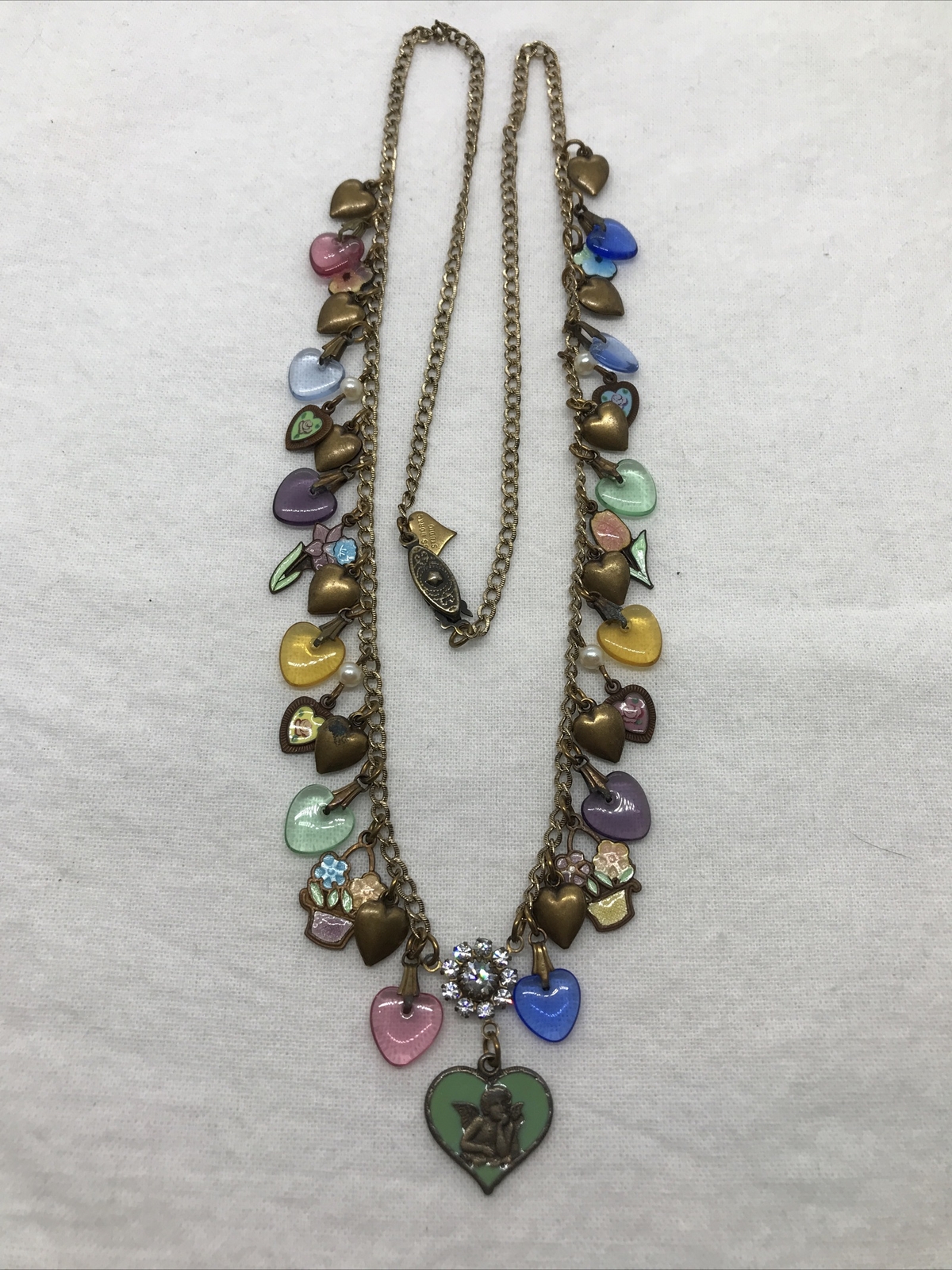Vintage Glass Works Studio Glass & Brass Charms in Multi Colors Necklace 18