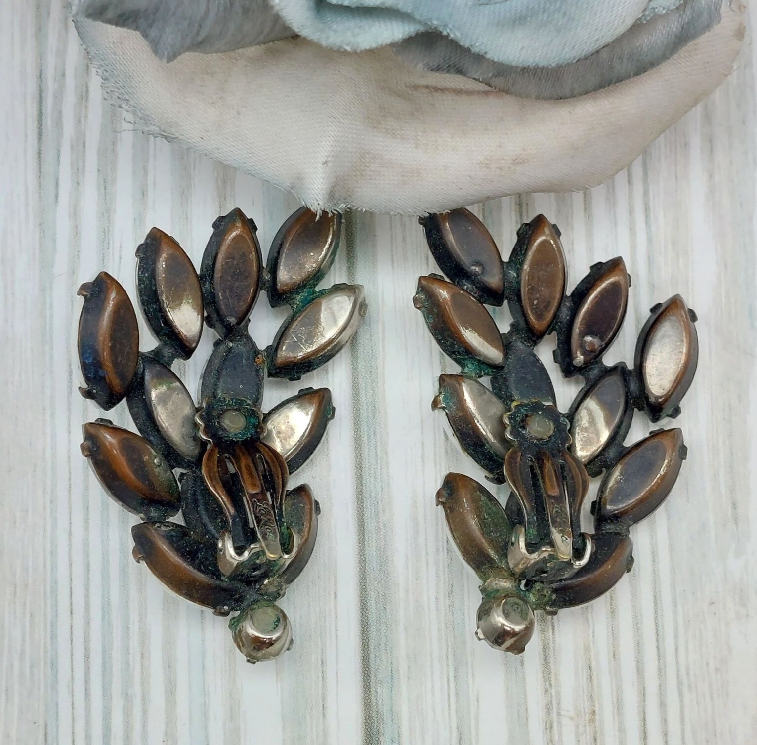 La Roco VINTAGE Milk Glass & AB Navette Crystal Clip On Earrings Large Climbers