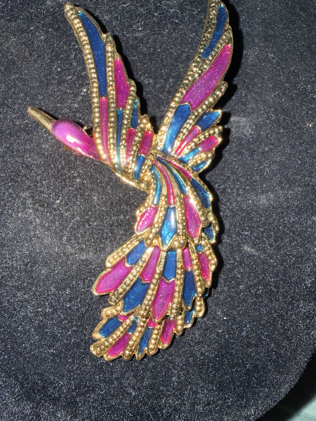 Vintage 80s large cloisonné purple and Blue Gold Toned Brooch