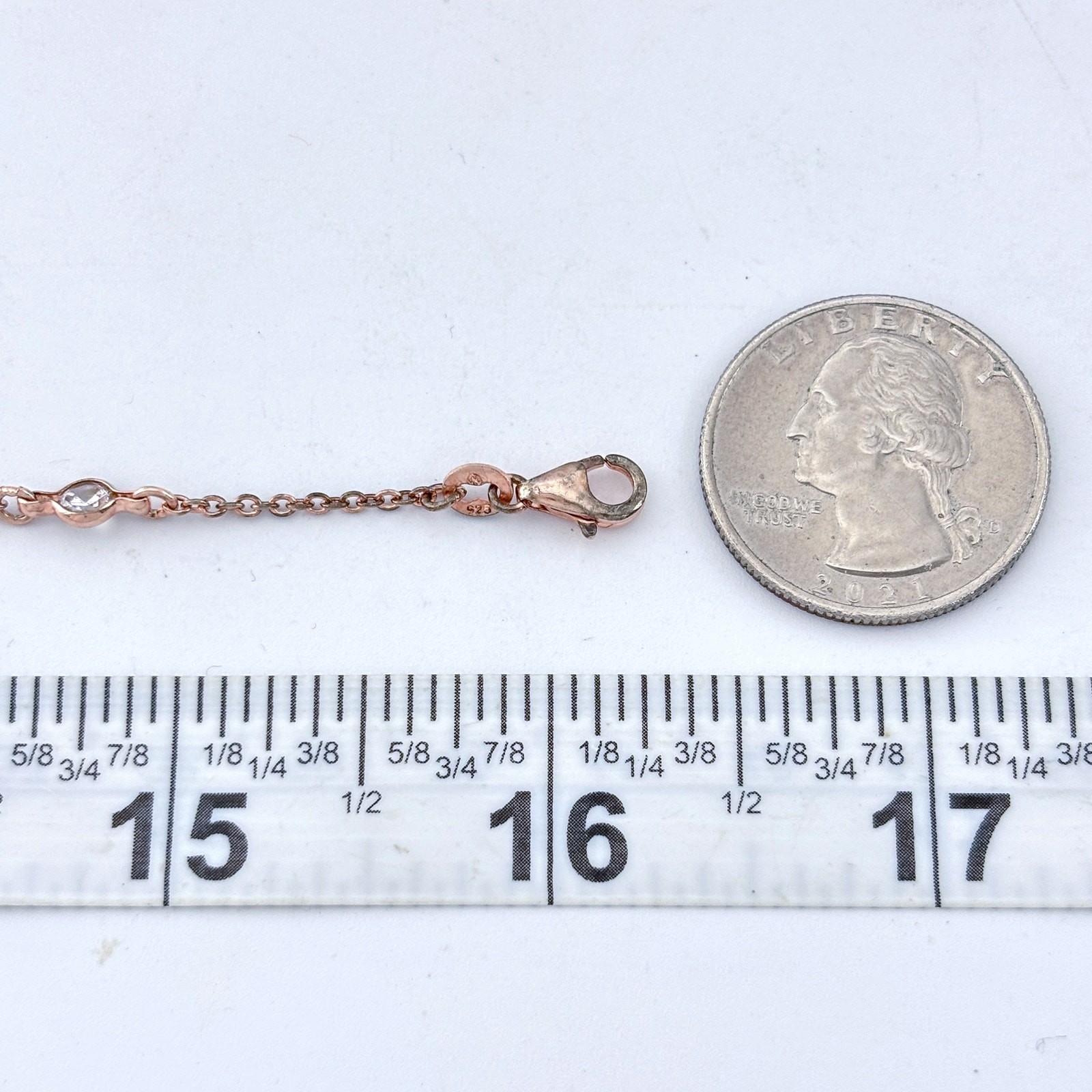 Vintage Sterling Silver 925 Rose Gold-Tone Cubic Zirconia Station Necklace 16″