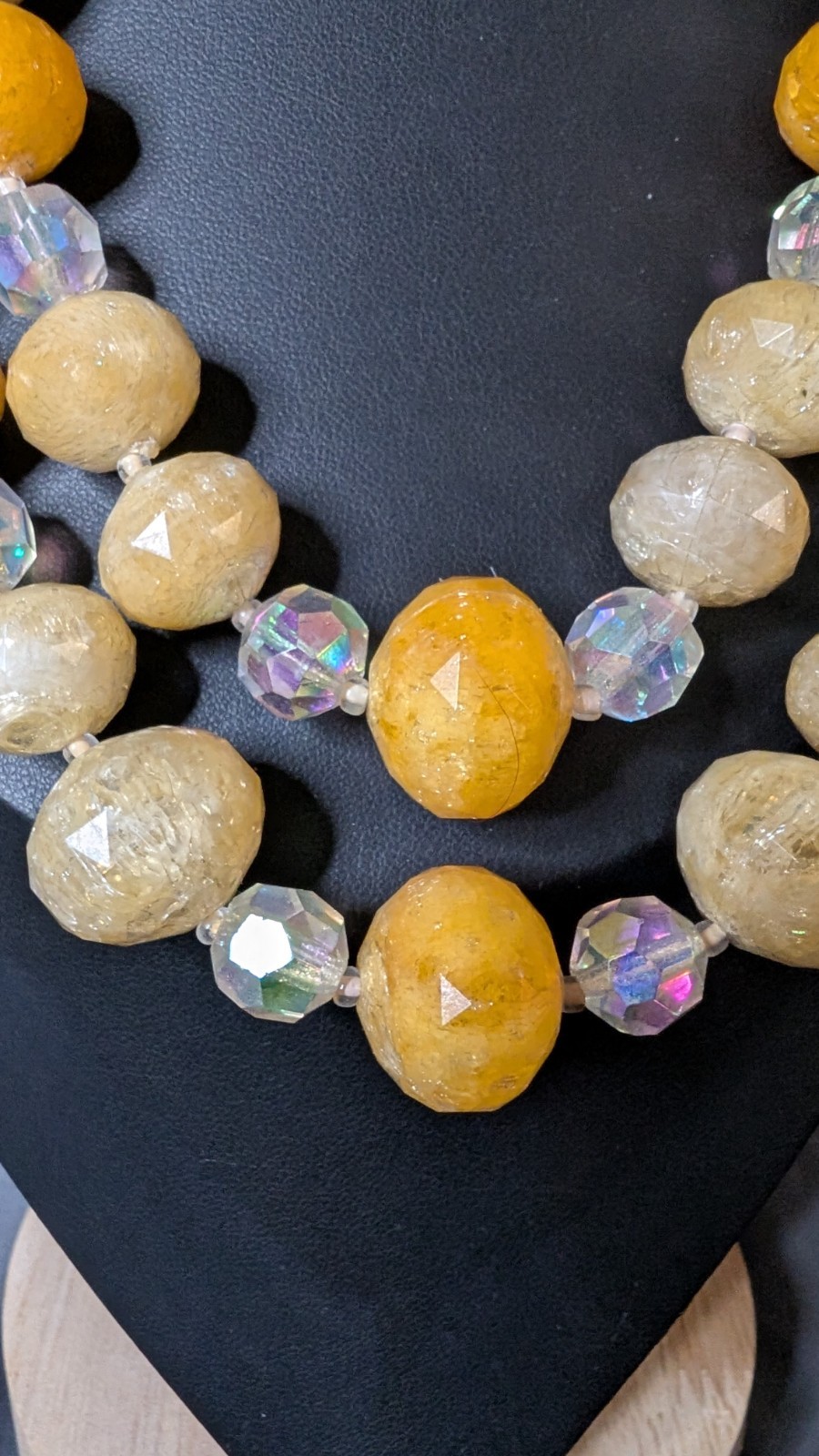 West Germany Vintage Yellow Clear Acrylic Beaded Necklace, Box Cluster Clasp 20″