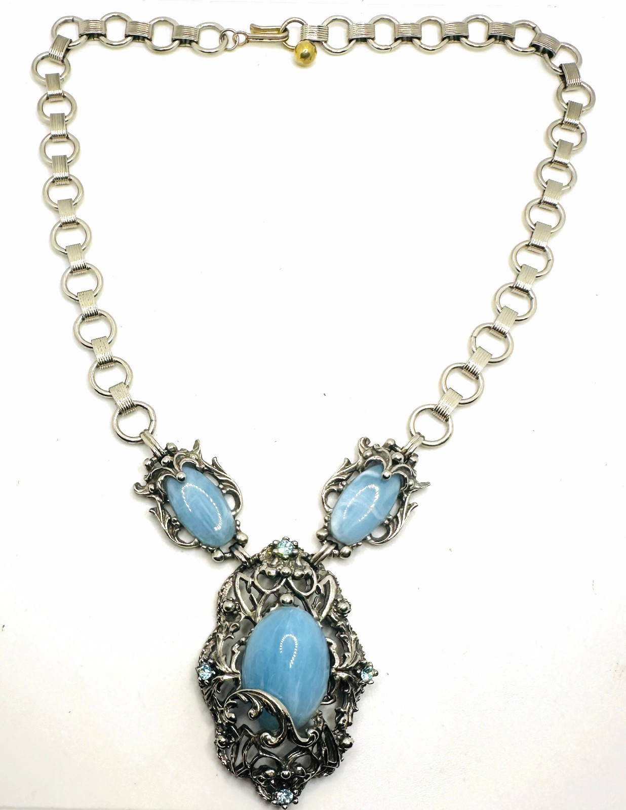 Vtg Ornate Nouveau Style SILVERTONE Faux Larimar Cabochon NECKLACE 18″