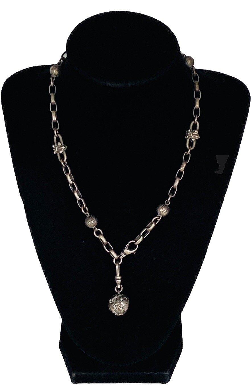 Vintage Sterling Silver Station Fleur de Lis French Ball Globe Charm Necklace