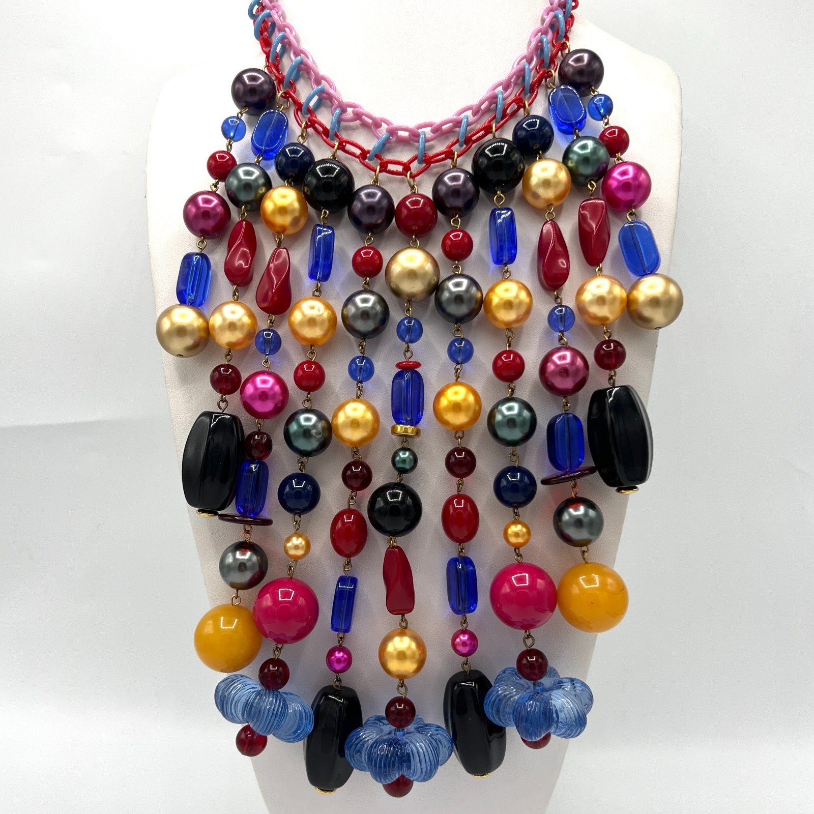 ANKA Signed Runway Statement Necklace – Wild Beaded Fringe Bib Necklace