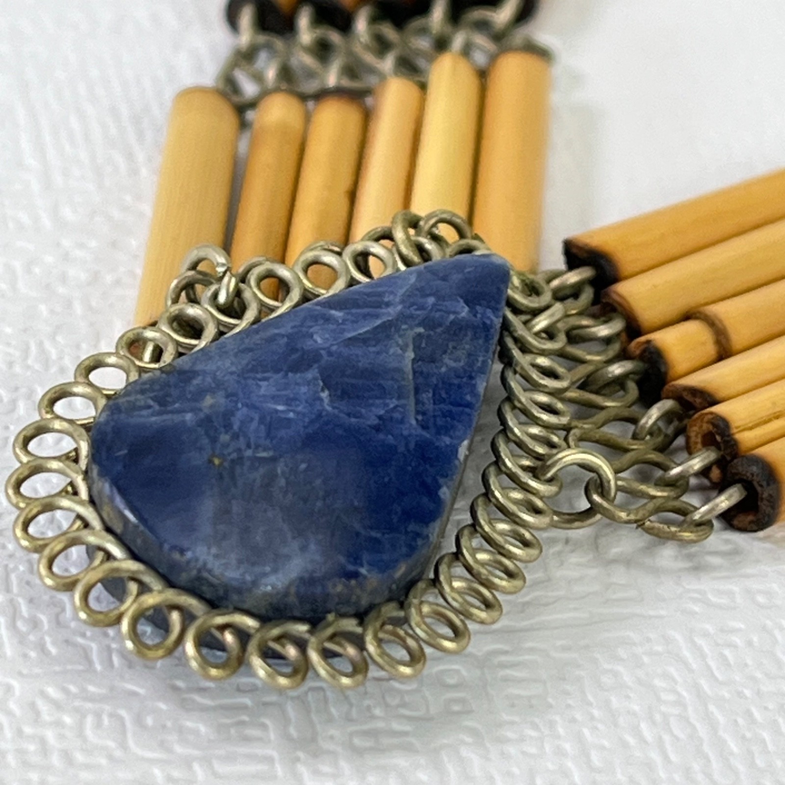Vintage Boho Necklace Blue Stone Pendant Bamboo Bead Bib Statement 16”